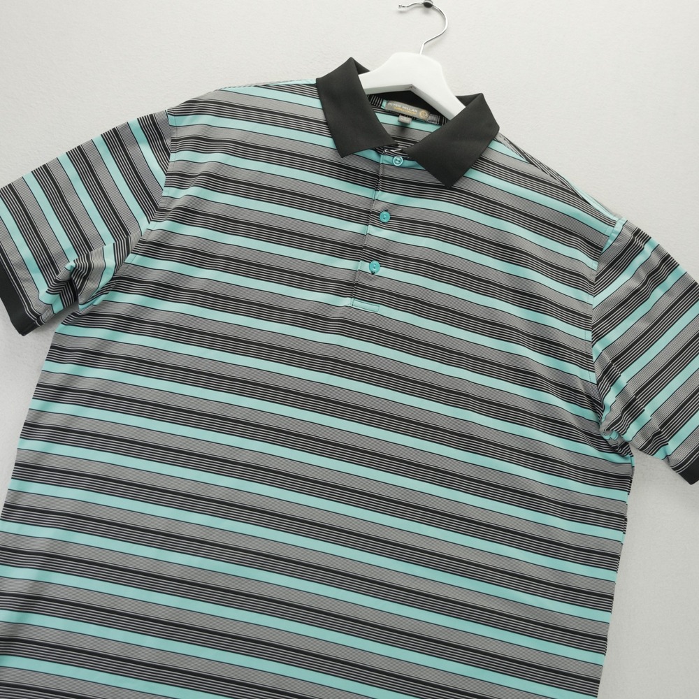 Peter Millar Summer Comfort Mens Large Polo Shirt Striped Teal Black MF15EK17